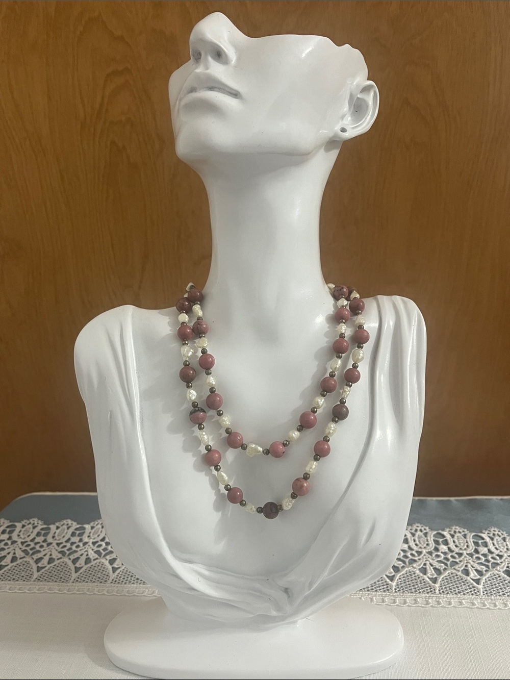 Vintage 32” Rhodonite Gemstone & Baroque Freshwater Pearl Beaded Necklace